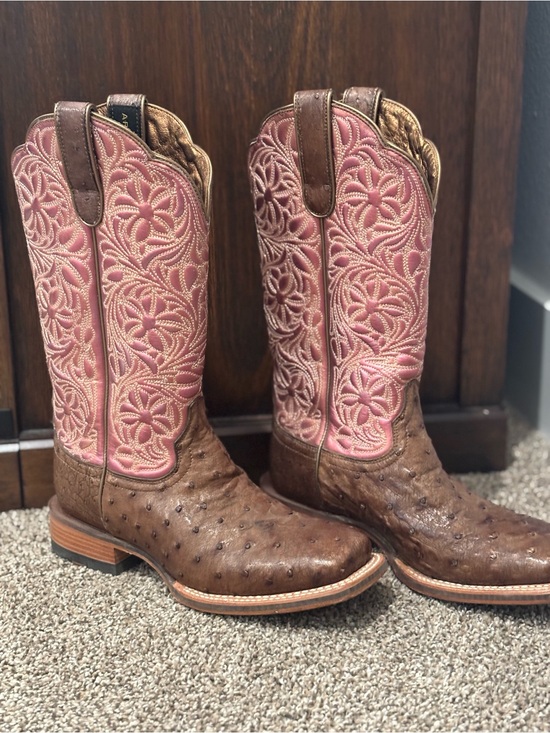 Ariat Shoes - Ariat Brown Ostrich Foot Pink Embroidered Shaft Lace-Up Boots